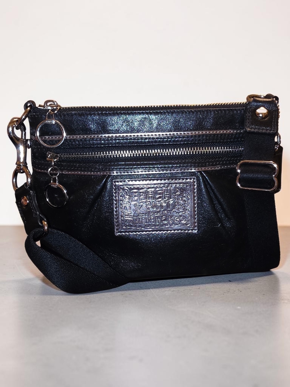 Coach Poppy Black Mini Crossbody with Silver Accents